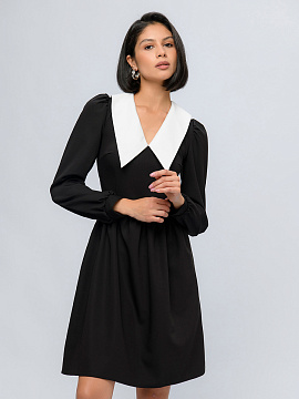 Платье черного цвета длины мини с воротничком и V-образным вырезом