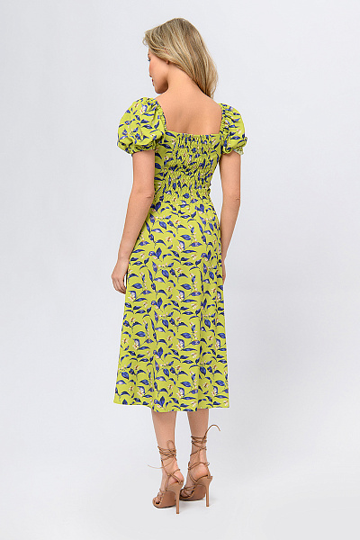 Платье цвета лайма с принтом длины миди со сборкой на лифе и короткими рукавами