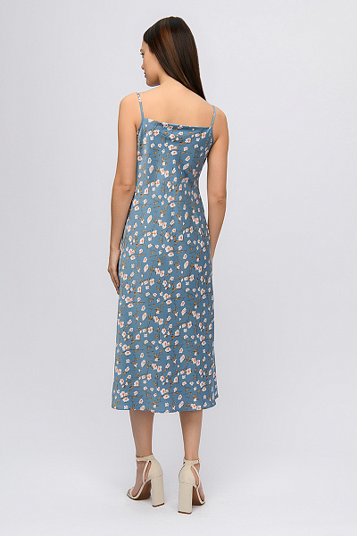 Платье голубое с цветочным принтом длины миди на бретелях