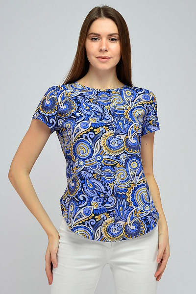 Блуза синяя с принтом и короткими рукавами