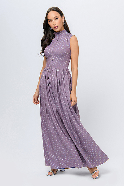 Платье лилового цвета с принтом длины макси без рукавов
