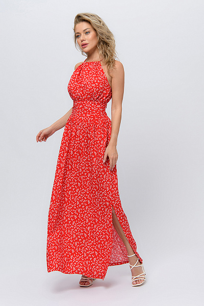 Платье красного цвета длины макси без рукавов с фигурным вырезом