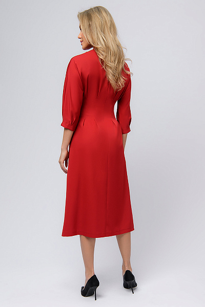 Платье бордового цвета длины миди с воротником-стойкой и объемными рукавами