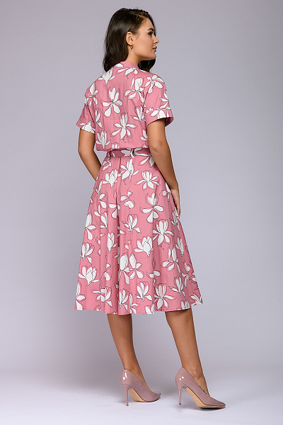 Платье розовое длины миди с цветочным принтом и короткими рукавами