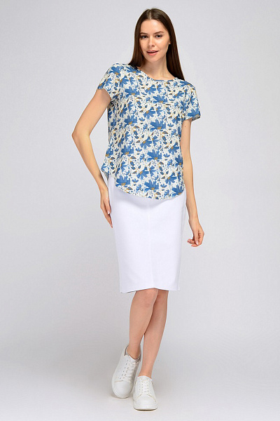 Блуза белая с цветочным принтом и короткими рукавами