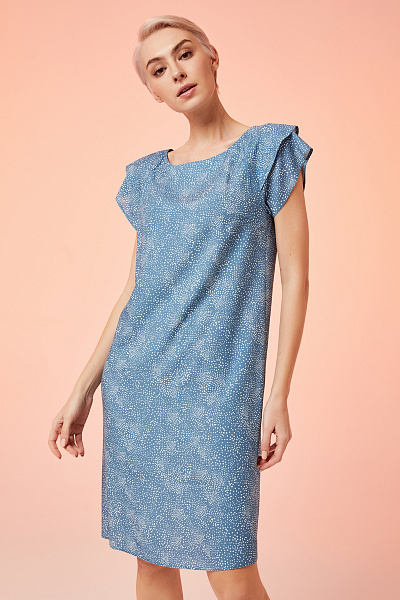 Платье голубое с принтом длины мини и V-образным вырезом на спинке
