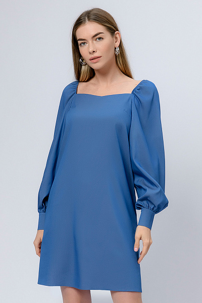 Платье синее длины мини с пышными рукавами и вырезом каре
