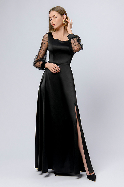 Платье черное длины макси с разрезом на юбке и фатиновыми рукавами
