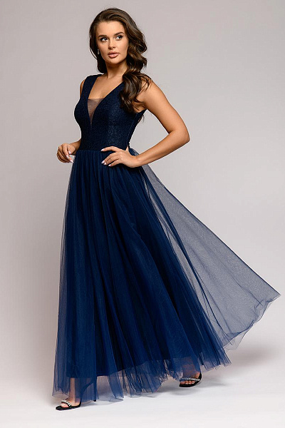Платье темно-синее длины макси с кружевной отделкой без рукавов