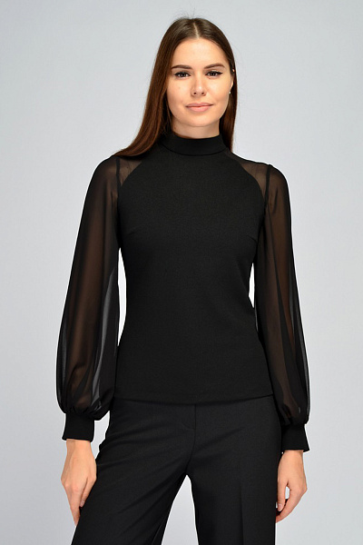 Блуза черная с шифоновыми рукавами и воротником стойкой