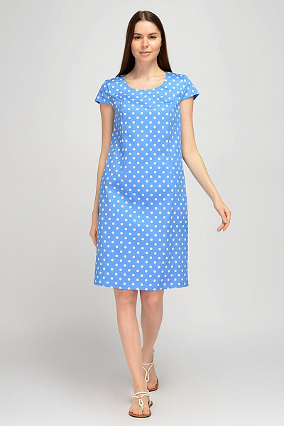 Платье голубое в горошек длины миди с короткими рукавами