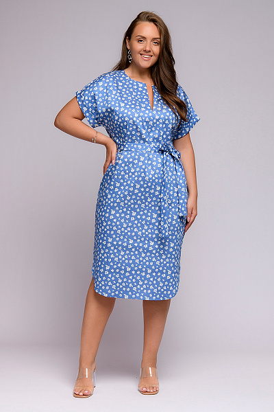 Платье-рубашка голубое с цветочным принтом с короткими рукавами