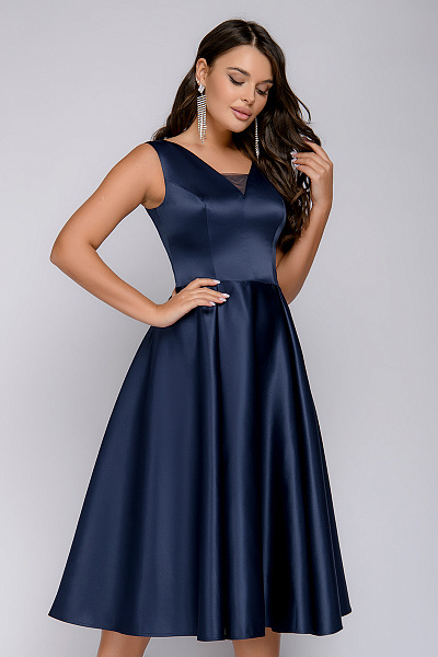 Платье темно-синее длины миди с кружевной вставкой без рукавов