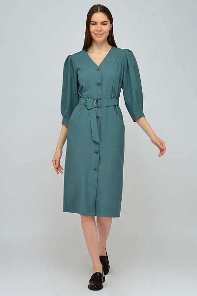 Платье зеленое длины миди с рукавами 3/4 и поясом