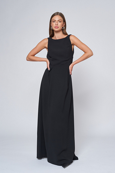 Платье черное длины макси без рукавов с кружевной вставкой на спине