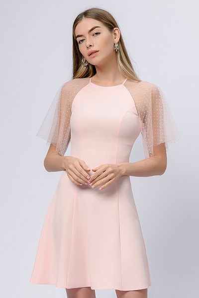 Платье розового цвета длины мини с рукавами из фатина