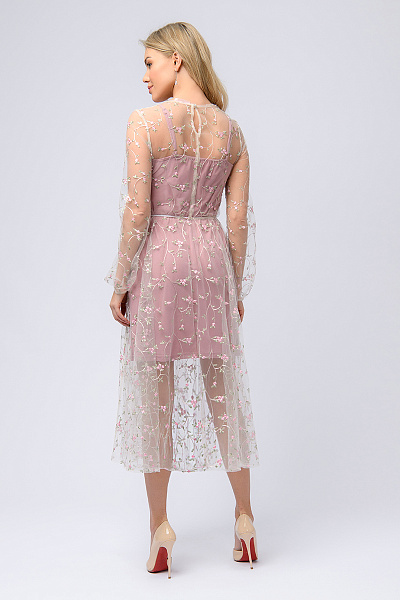 Платье розового цвета длины миди с отделкой из фатина
