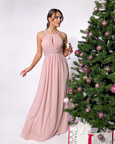 Платье длины макси цвета пыльной розы с кружевной отделкой