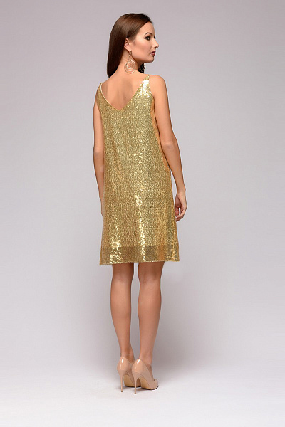 Платье длины мини на бретелях с золотыми пайетками