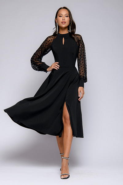 Платье черное длины миди с объемными рукавами и воротником-стойкой