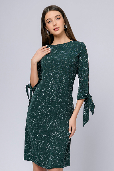 Платье зеленое в горошек длины мини с завязками на рукавах