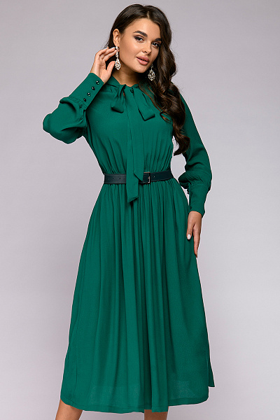 Платье зеленое длины миди с бантом и длинными рукавами