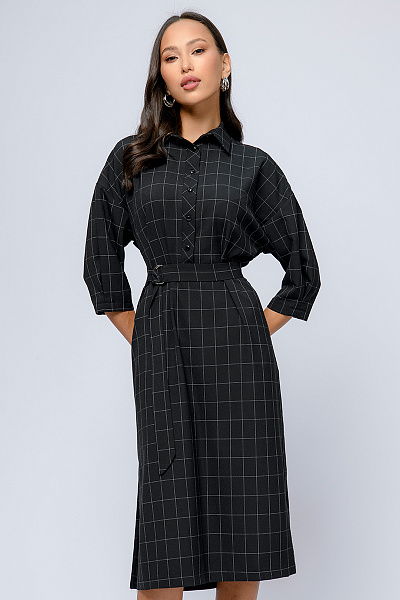 Платье-рубашка черного цвета в клетку длины миди с отложным воротником