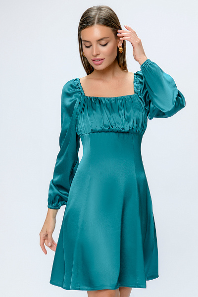 Платье бирюзовое длины мини с пышными рукавами и прямоугольным вырезом