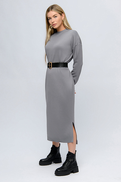 Платье трикотажное серого цвета длины миди с разрезами по бокам