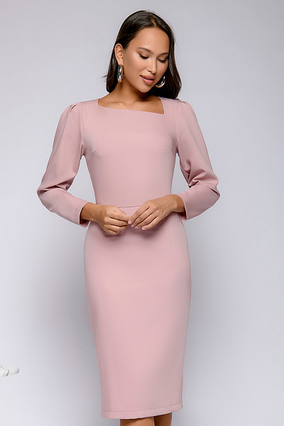 Платье розовое длины миди с асимметричным воротом и длинными рукавами