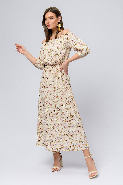 Платье бежевое с цветочным принтом и пышными рукавами