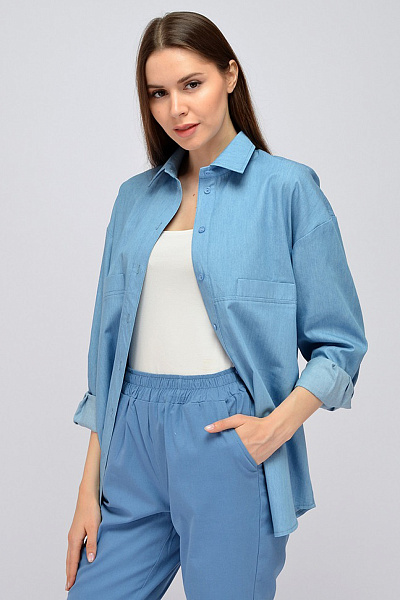 Блуза синяя с отложным воротником и длинными рукавами