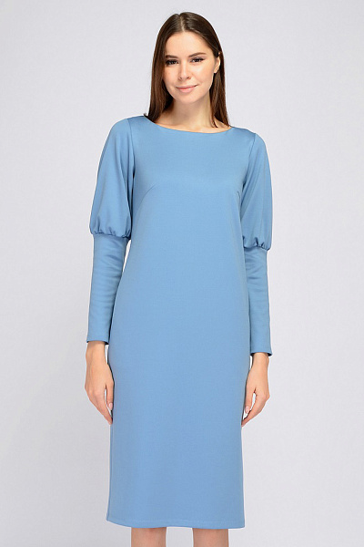 Платье голубое длины миди с карманами и длинными рукавами
