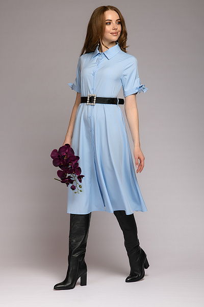 Платье голубое с бантами на рукавах и отложным воротником