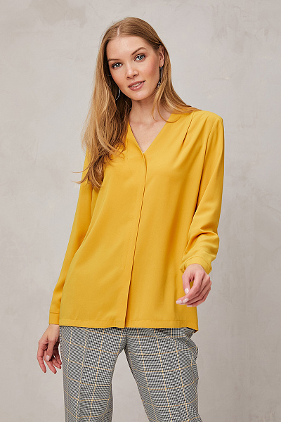 Блуза горчичного цвета с V-образным вырезом и длинными рукавами