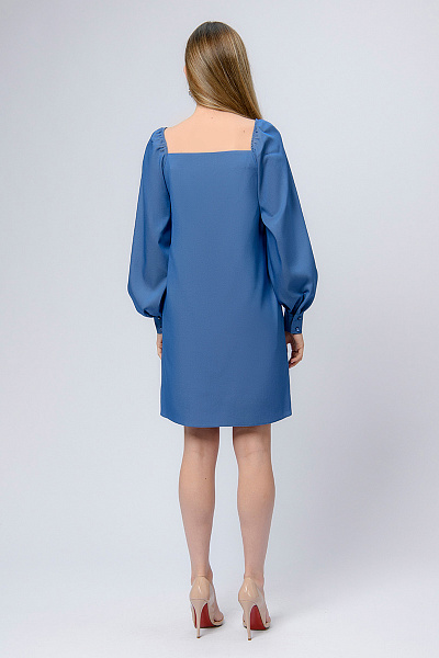 Платье синее длины мини с пышными рукавами и вырезом каре