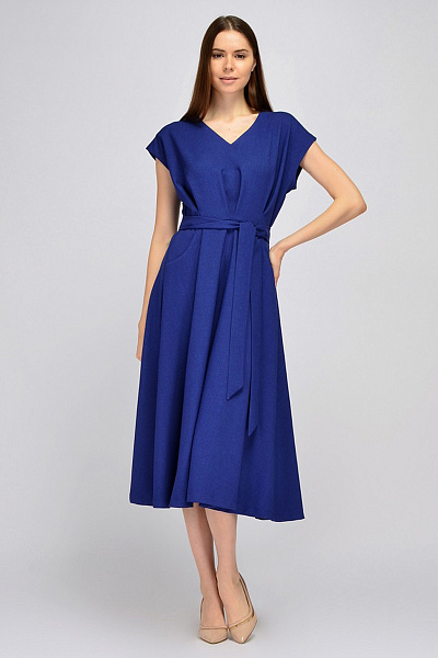 Платье синее длины миди с карманами и поясом