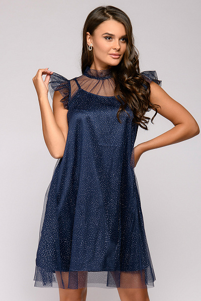 Платье темно-синее длины мини без рукавов с мягким фатином и поясом