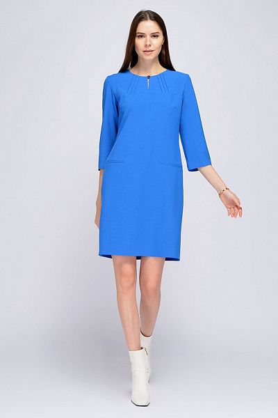 Платье голубое длины мини с вырезом капелька и декоративными строчками