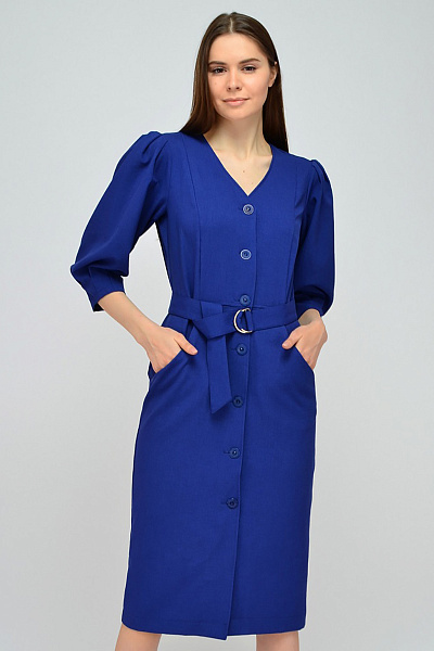 Платье синее длины миди с рукавами 3/4 и поясом