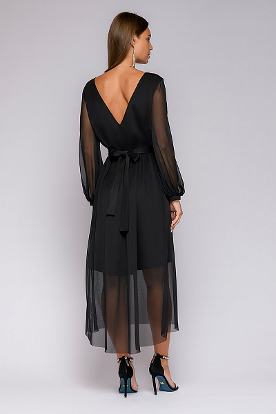 Платье черное длины макси с объемными рукавами и вырезом на спинке