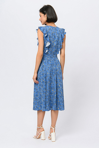 Платье синего цвета с принтом длины миди и воланами на плечах