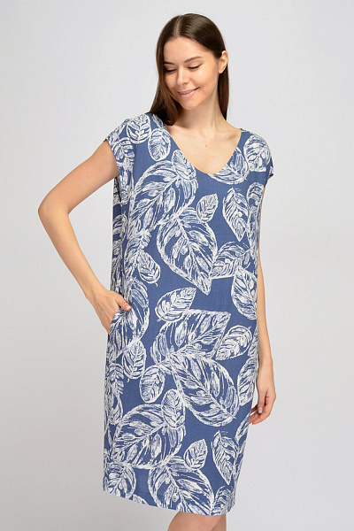 Платье синее с принтом длины миди с вырезом на спинке