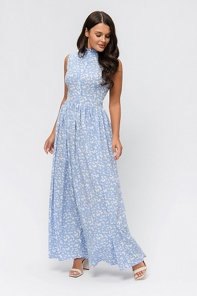 Платье голубого цвета с принтом длины макси без рукавов
