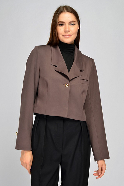 Жакет укороченный коричневого цвета с длинными рукавами и карманом
