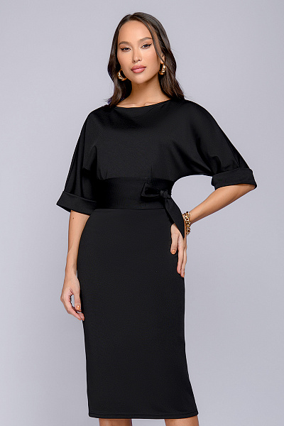 Платье черное длины миди с поясом и рукавами "летучая мышь"