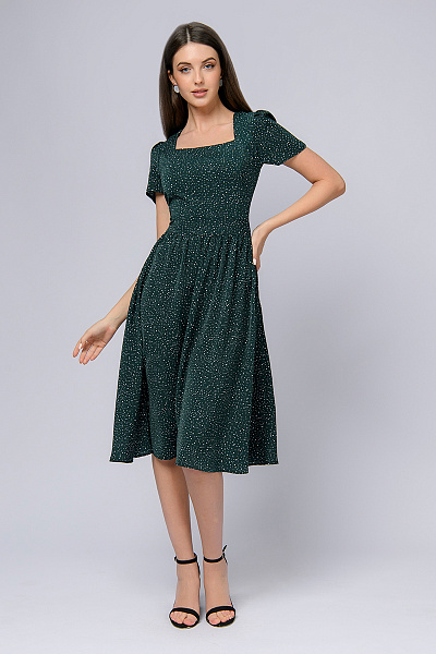 Платье зеленое в горошек длины миди с короткими рукавами