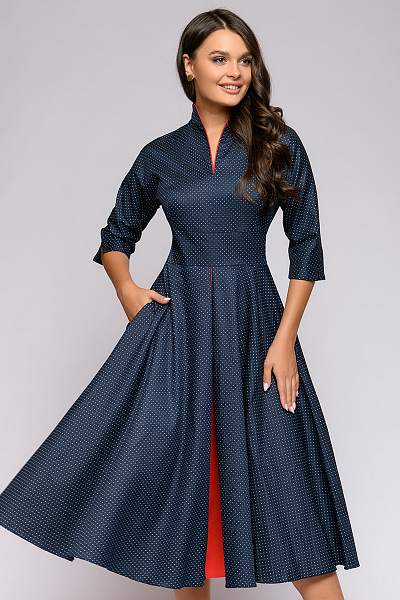 Платье темно-синее в горошек длины миди с красной вставкой