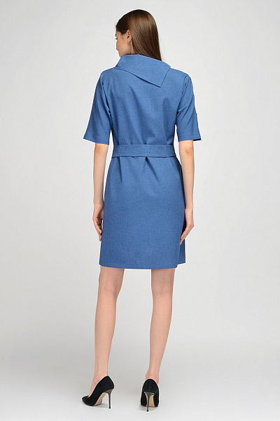 Платье синее длины мини с асимметричным воротником и поясом