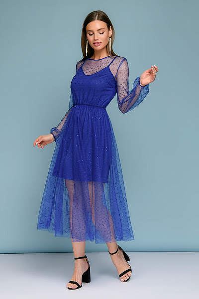 Платье синего цвета длины миди со стразами